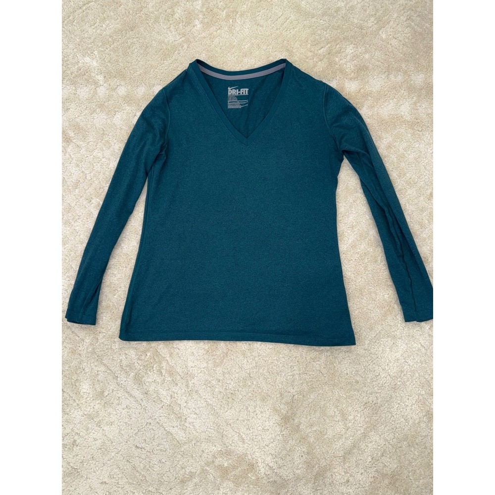 Nike Dri-FIT Womens V-Neck Long Sleeve Training Top Teal Green Heathered Large